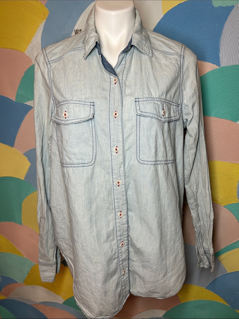 Free People Light Blue Casual Denim Button-Down Shirt sz M